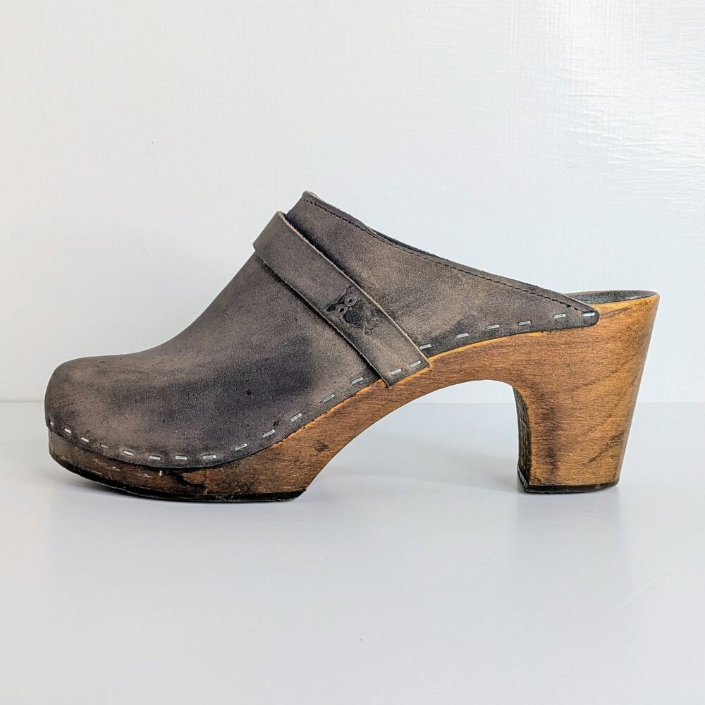 Sandgrens Maya Clogs 39 Brown Nubuck Leather 3" Heel Swedish Wood Base Runs 8.5 - Picture 9 of 16